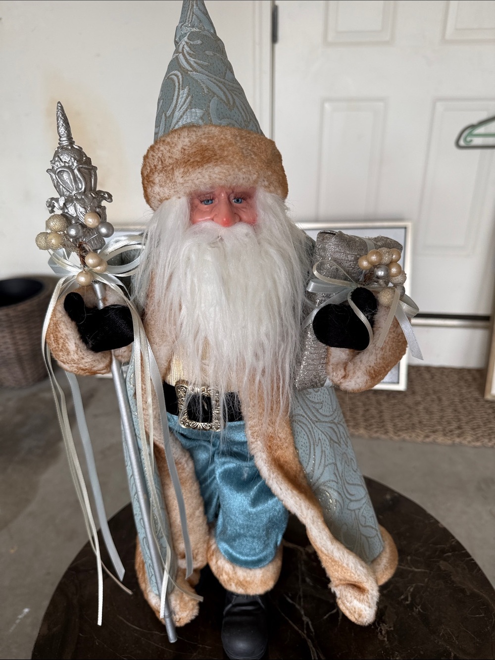 Source Unknown Blue and Cream Santa Figurine with Silver Accents